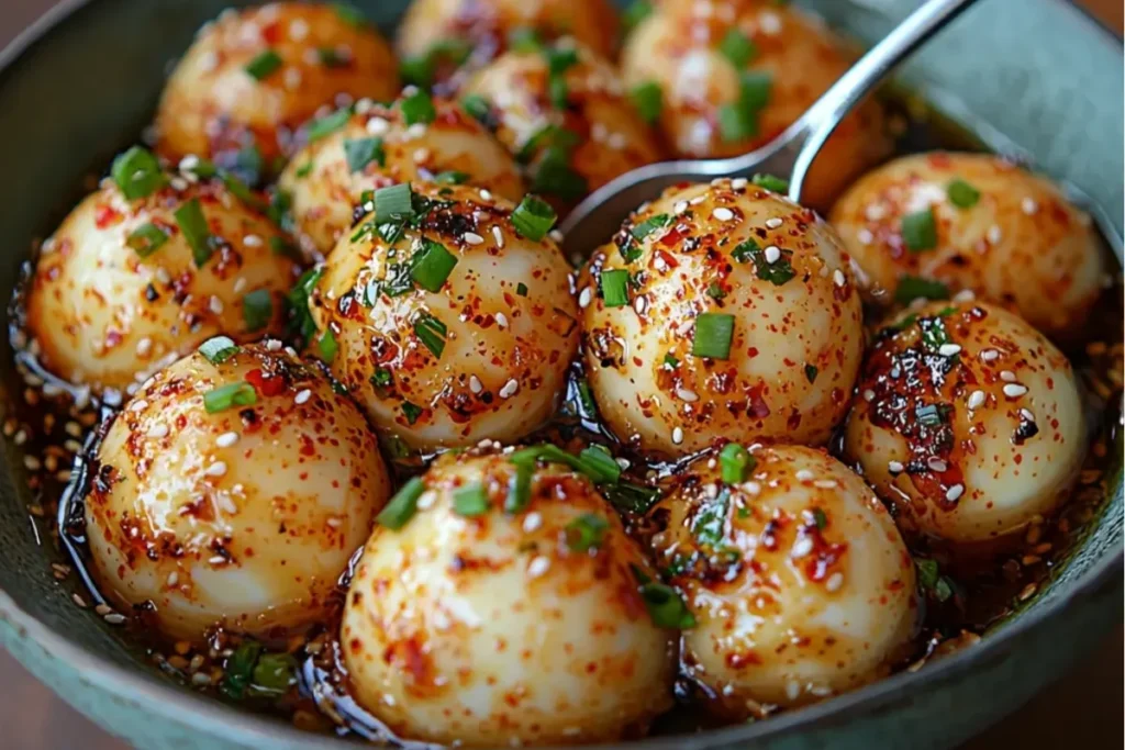 Marinated Mayak eggs with sesame seeds, chili flakes, and green onion garnish.