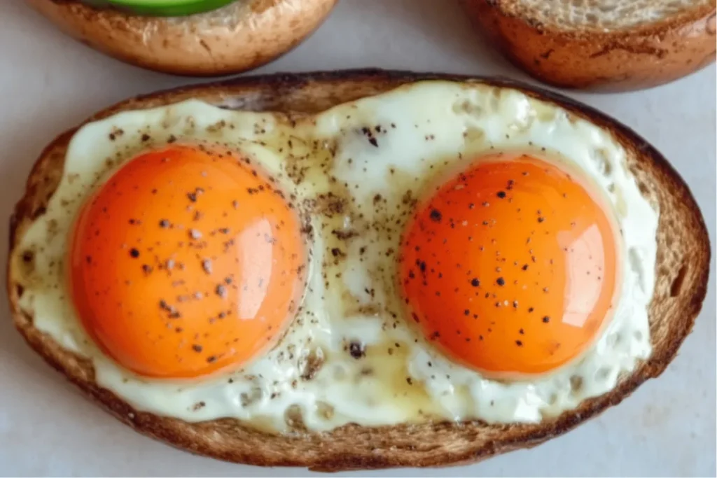 Close-up of two sunny-side-up duck eggs with vibrant orange yolks on toasted bread, seasoned with cracked black pepper, served as a rustic breakfast dish.