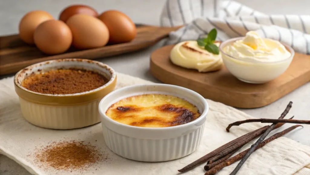 What’s the difference between crème brûlée and custard: Crème brûlée with caramelized sugar crust and creamy interior next to smooth custard with nutmeg garnish.