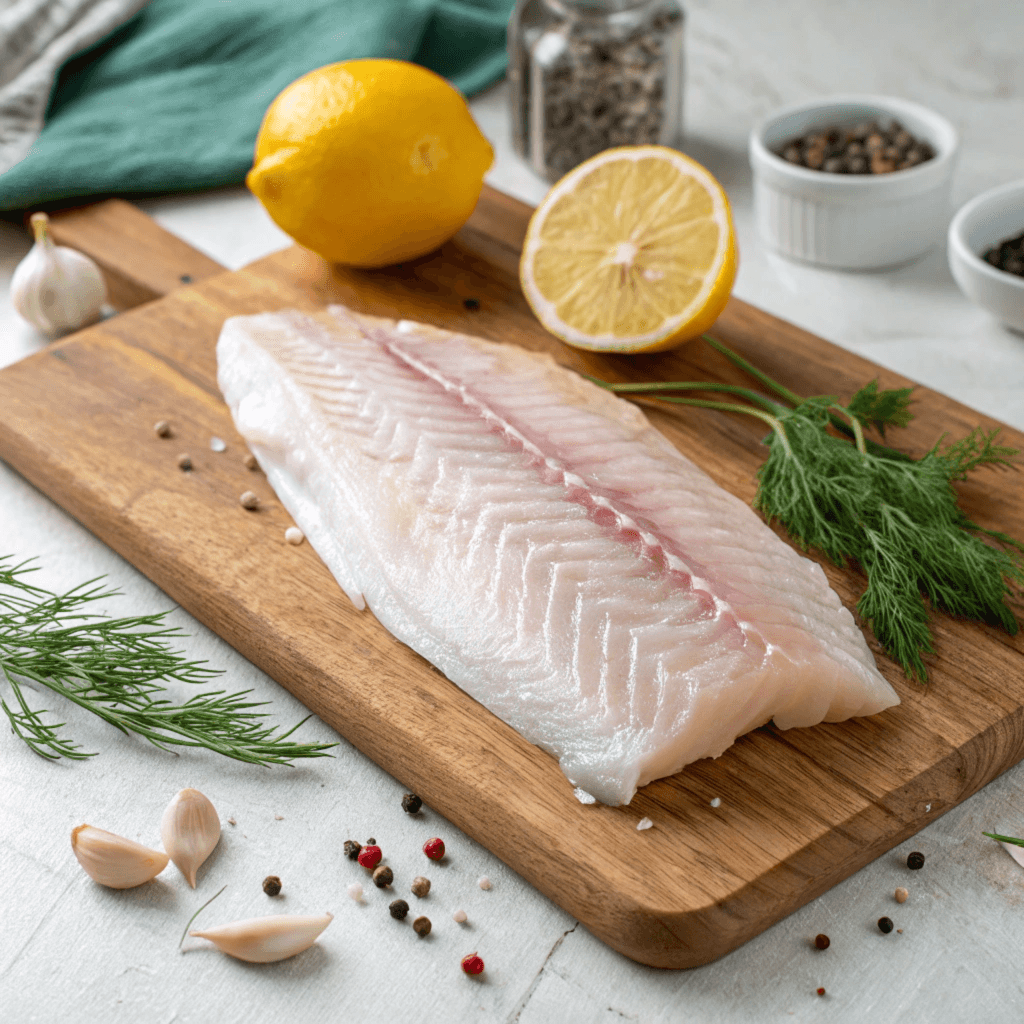 Fresh raw rockfish fillet on a wooden cutting board with lemon, garlic, dill, and peppercorns.