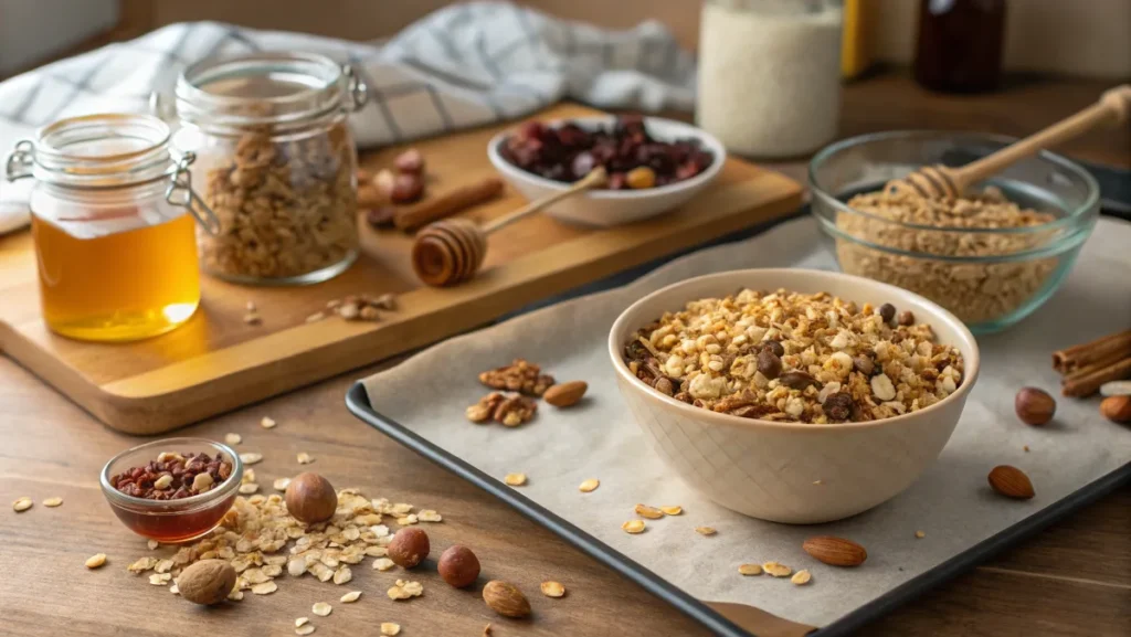 Ingredients for homemade granola, including oats, nuts, honey, and coconut oil, arranged on a wooden kitchen counter.