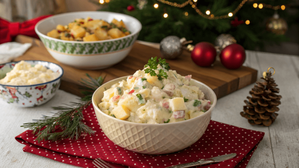 Classic potato salad with egg garnished with dill in a rustic kitchen setting.