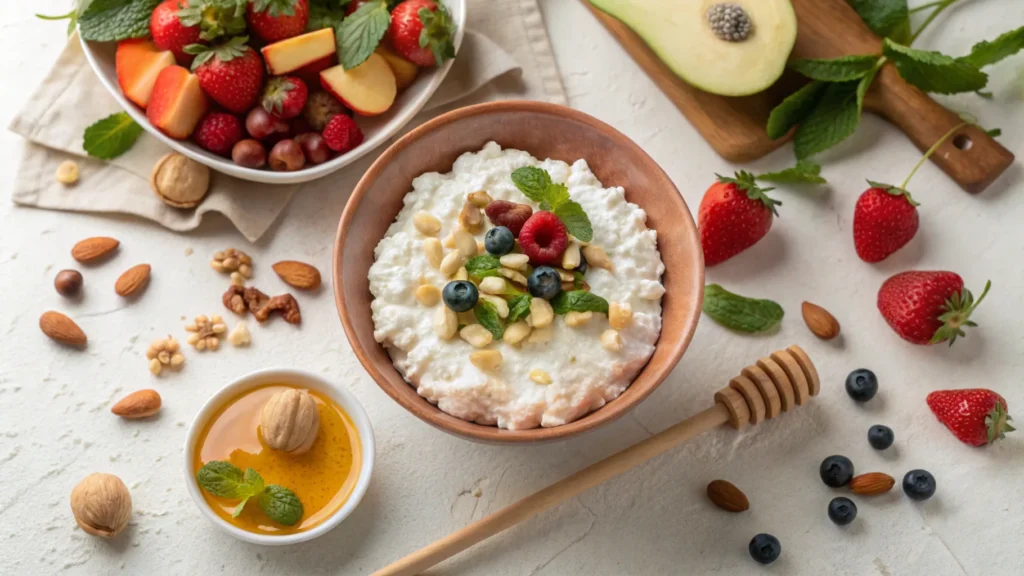 Bowl of cottage cheese with fruits, vegetables, and nuts on a rustic table.