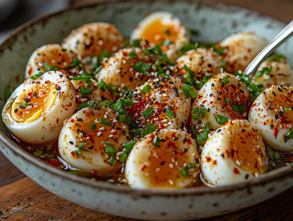 The Ultimate Guide to the Perfect Mayak Eggs Recipe 3 Mayak eggs in a bowl with soy sauce marinade, green onions, sesame seeds, and chili flakes.