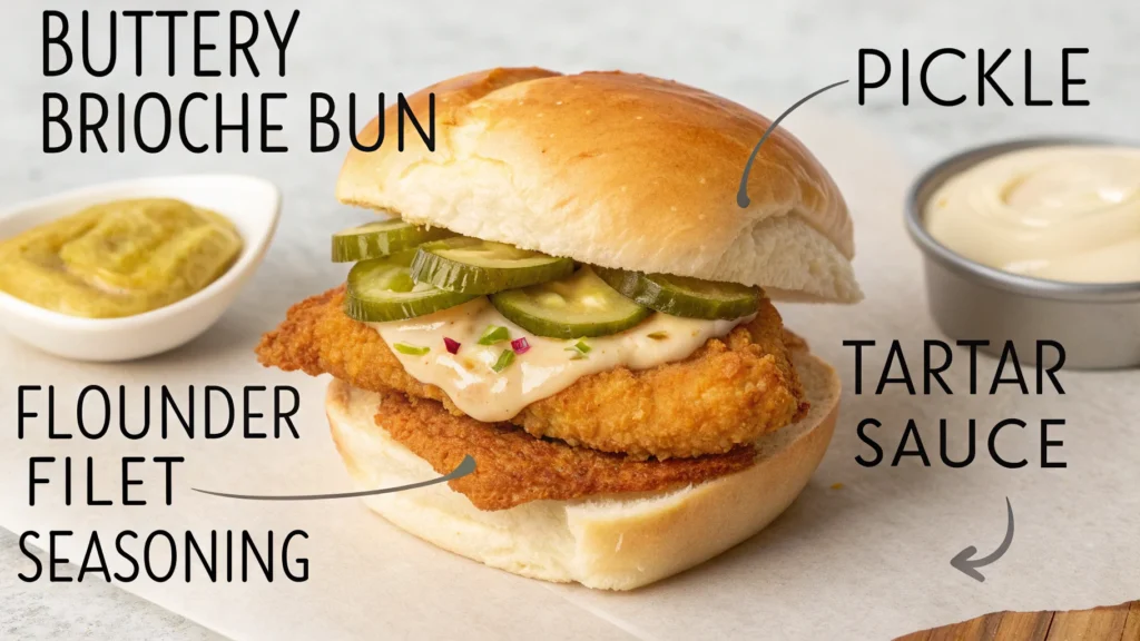A deconstructed view of the Popeyes Fish Sandwich showing its components: a brioche bun, flounder filet, pickles, and sauces, with ingredient callouts.