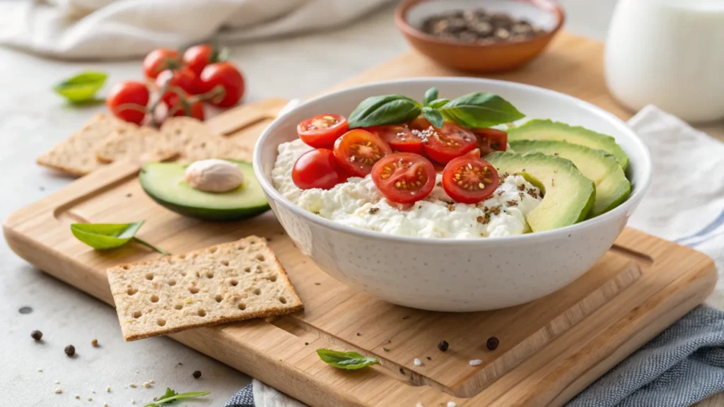 What Does Cottage Cheese Mix Well With? (Comprehensive Guide) 3 Cottage cheese bowl with cherry tomatoes, avocado, and crackers.