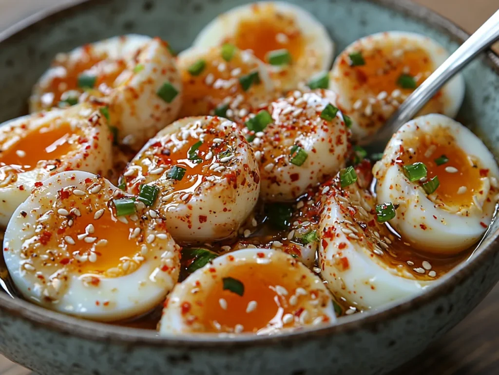 The Ultimate Guide to the Perfect Mayak Eggs Recipe 4 Soft-boiled Mayak eggs in a soy-based marinade with sesame seeds and green onions.