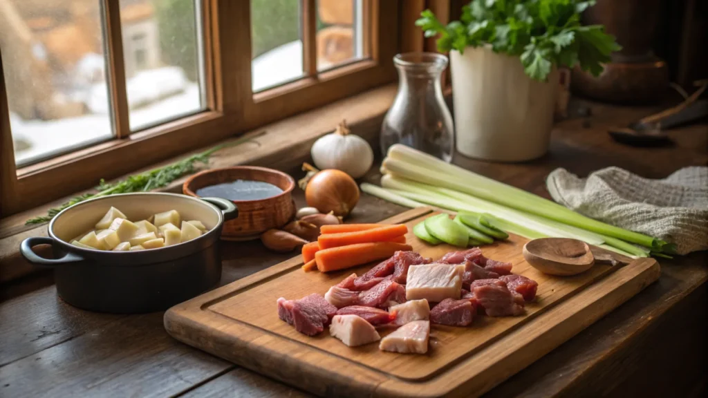 Raw soup bones on a wooden cutting board with fresh vegetables.