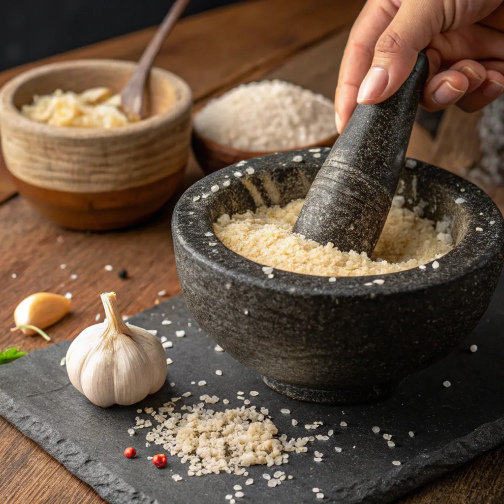 Curing a molcajete by grinding rice, garlic, and salt inside the bowl.
