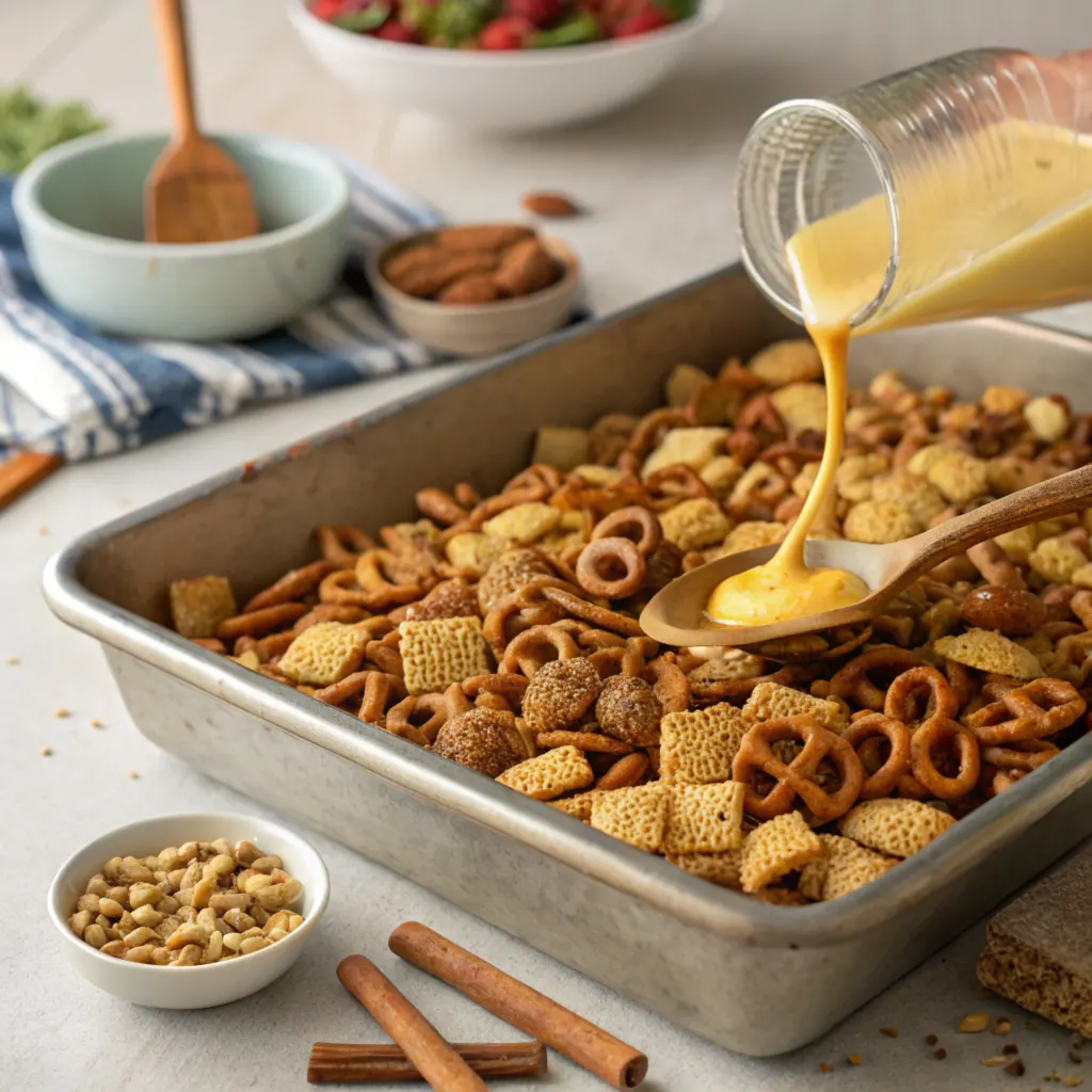 Roasting pan filled with Chex Mix ingredients being stirred and seasoned.