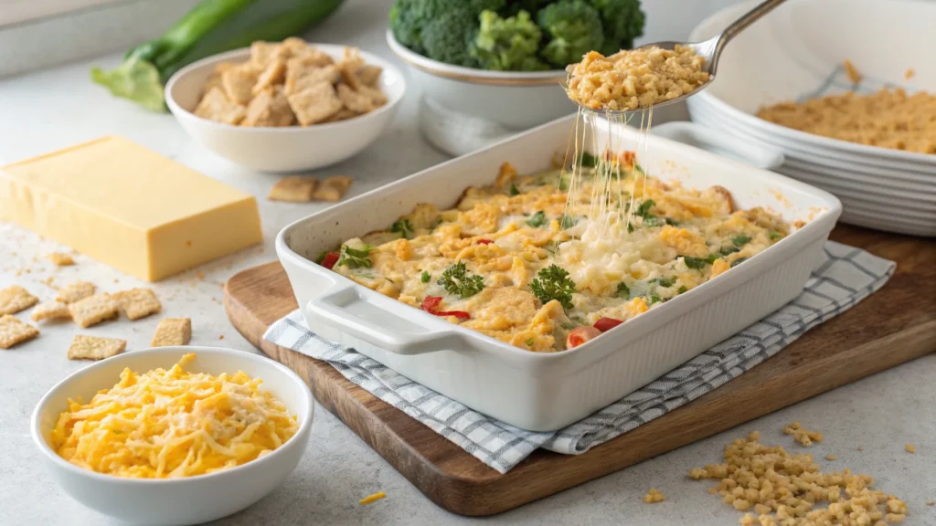 Recipe Baked Egg Casserole Made with Crackers: Easy & Delicious 3 Step-by-step process of making a baked egg casserole with crackers, from layering ingredients to the golden-brown final dish.