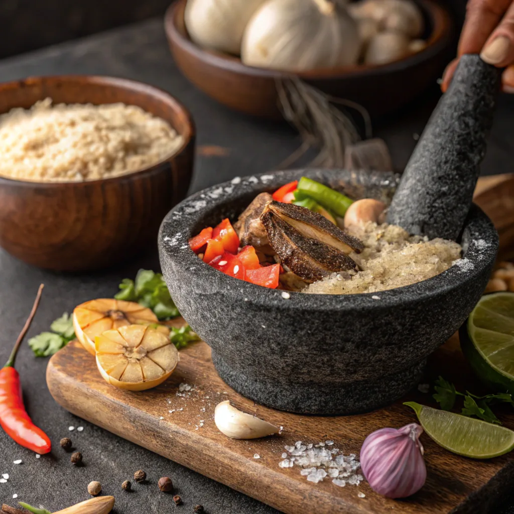 Sizzling molcajete filled with grilled meats and roasted vegetables, garnished with lime and avocado.