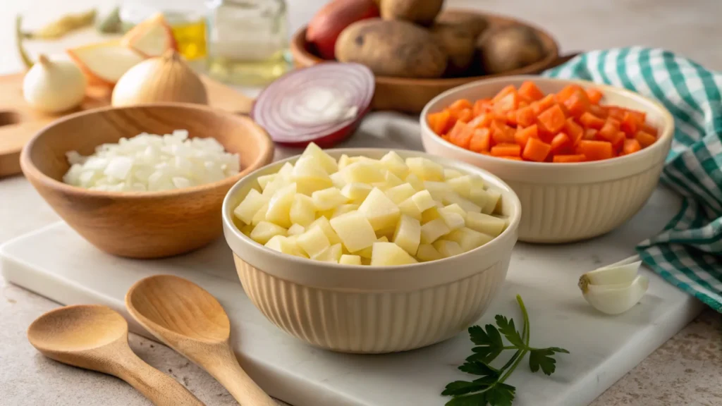 The Ultimate Guide to Benignis Potota Soup Recipe: Rich, Creamy, and Flavorful 3 Diced potatoes, onions, and carrots prepared for soup.