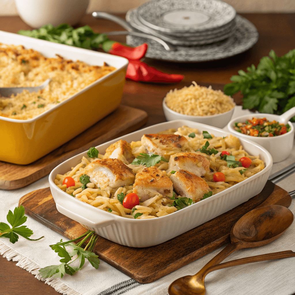 a family dinner table showcasing a bubbling chicke