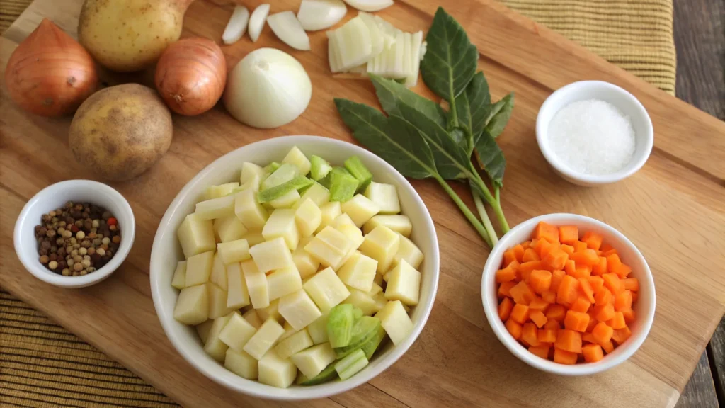 Benignis Potota Soup Recipe – A Hearty and Traditional Delight 3 Flat lay of ingredients for benignis potota soup recipe including potatoes, carrots, and seasonings.