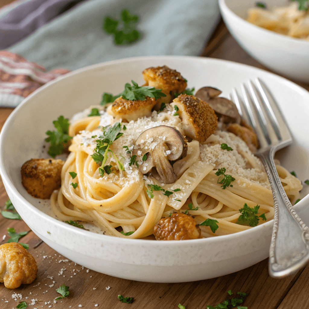 a plate of creamy pasta topped with saut ed lion s