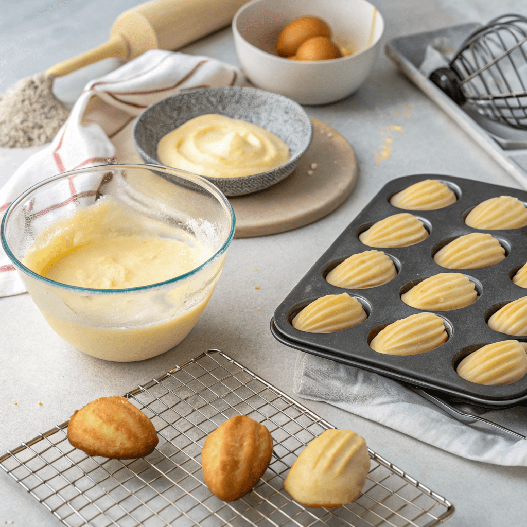 a step by step baking setup for making madeleine c