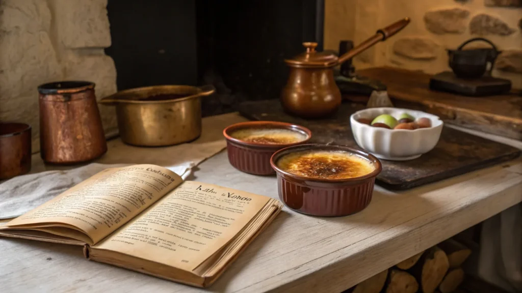 What is Crème Brûlée Made Of? – A Complete Guide to Ingredients, History, and Techniques 3 A vintage kitchen with an old cookbook and a ramekin of crème brûlée.