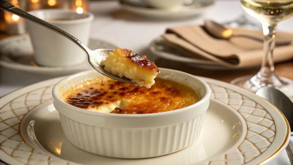 Spoon cracking the caramelized top of a crème brûlée with creamy custard beneath.