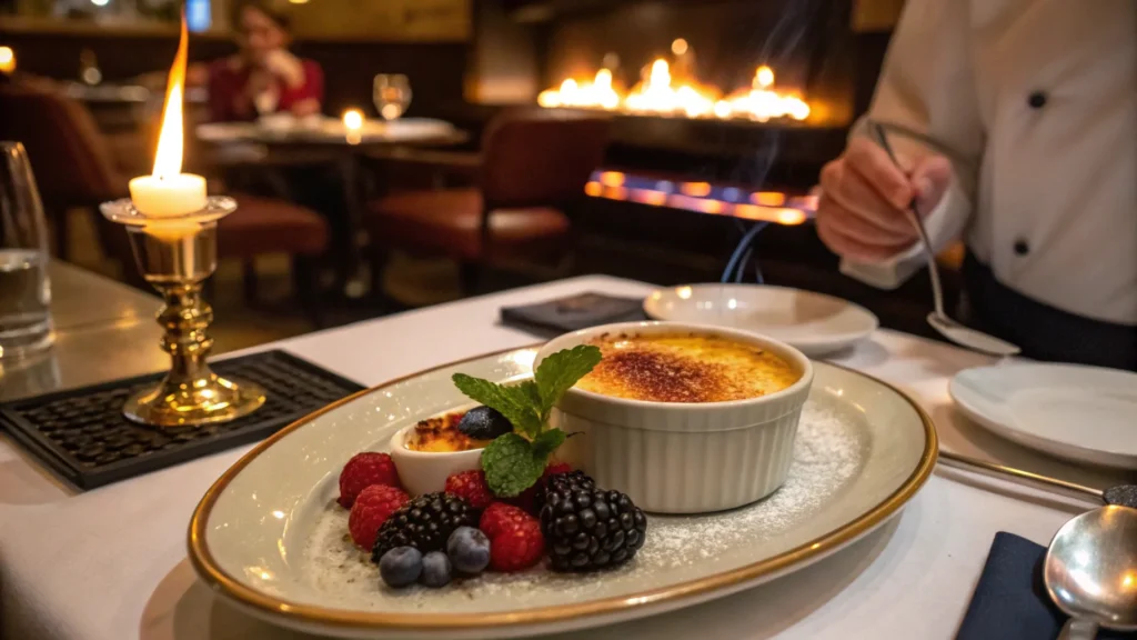 What Does Crème Brûlée Taste Like? A Full Sensory Exploration of This French Delight 3 Waiter serving crème brûlée with garnishes in a fine dining restaurant.