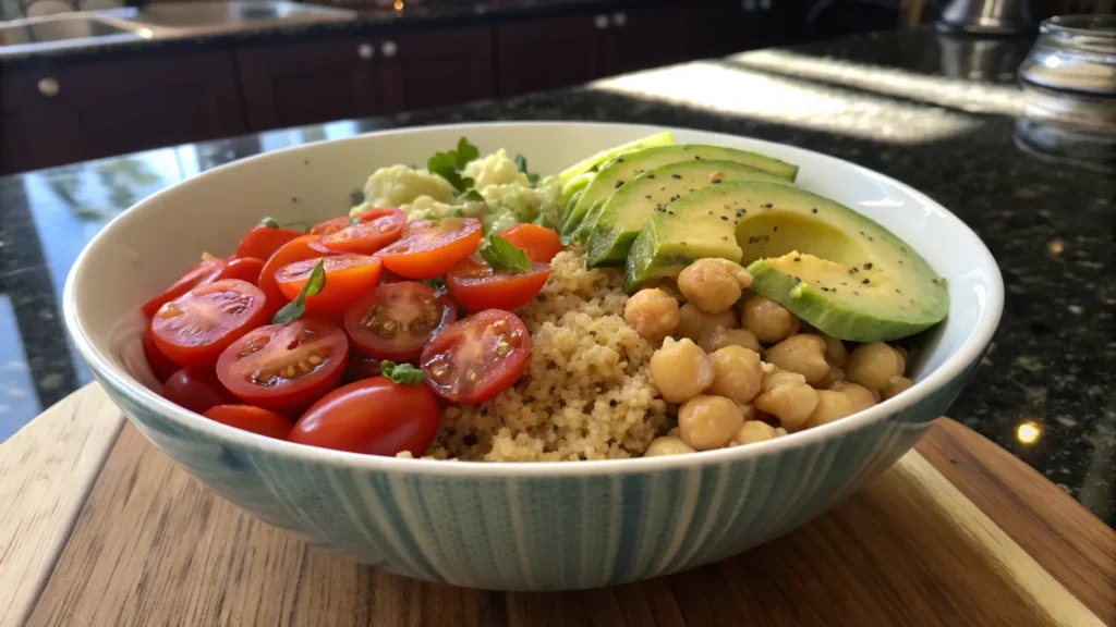 Can Vegetarians Eat Quinoa? A Complete Nutritional and Ethical Guide 3 A quinoa bowl with vegetables and chickpeas on a wooden table.
