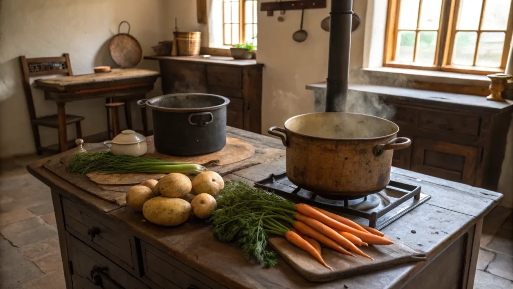 Rustic European kitchen with pot of potato soup simmering on a wooden stove.