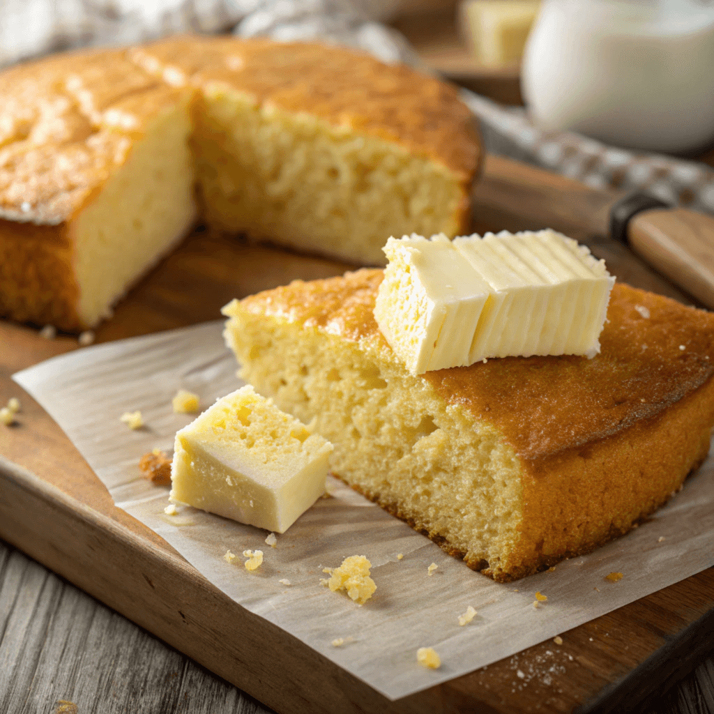 close up of a sliced piece of cornbread with visib