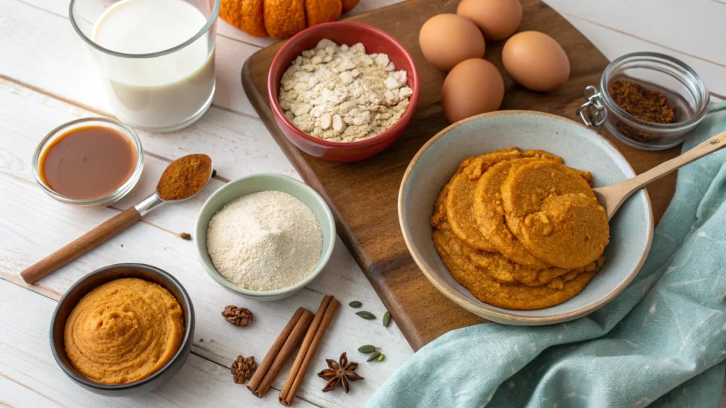 The Ultimate Guide to Pumpkin Protein Pancakes: Healthy & Delicious 3 Flat lay of pumpkin protein pancake ingredients: pumpkin puree, protein powder, eggs, oats, milk, and spices neatly arranged on a wooden countertop.