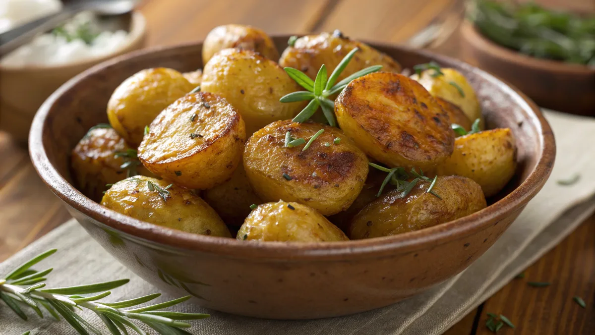 Do you need to peel baby yellow potatoes? Your Ultimate Guide to Preparation 3 A close-up of roasted baby yellow potatoes with crispy golden-brown skin, garnished with rosemary and thyme.