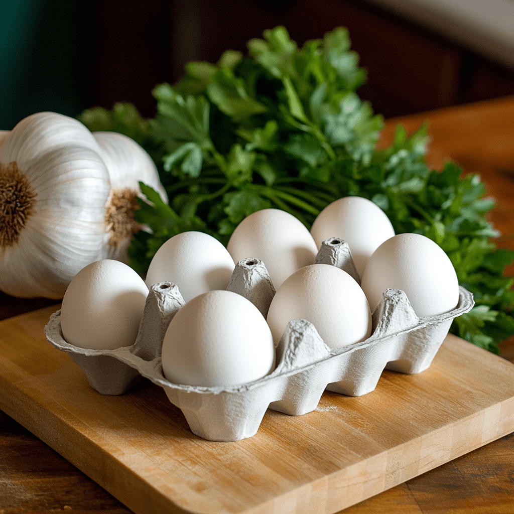 ezzeroual1 A carton of six white eggs sits on a wooden cutting 4b0a15df 0b4b 4ab3 82fd 7914b0192afc 1