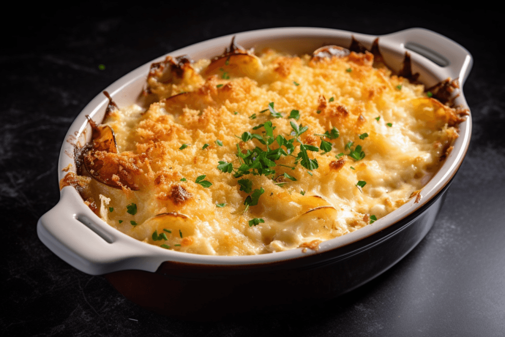 A beautifully baked Crab Brulee dish with a crispy golden topping and parsley garnish.