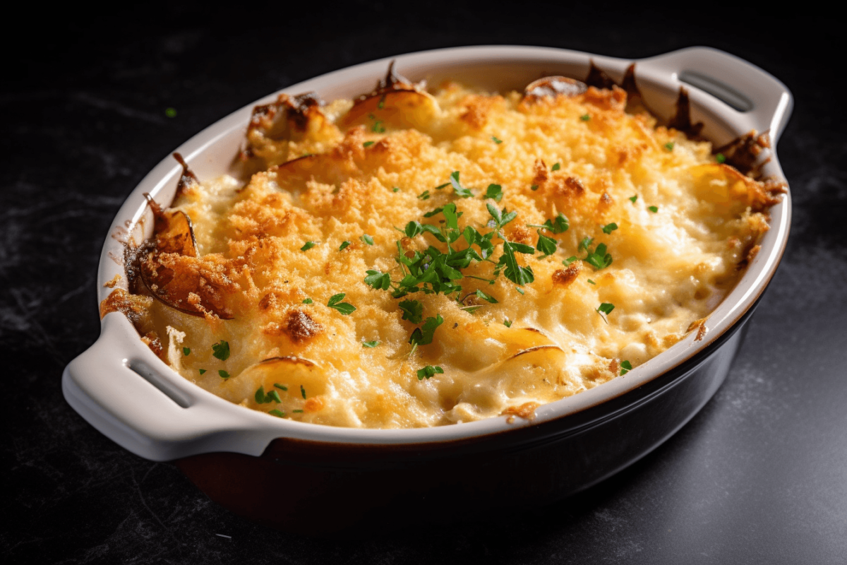 A beautifully baked Crab Brulee dish with a crispy golden topping and parsley garnish.