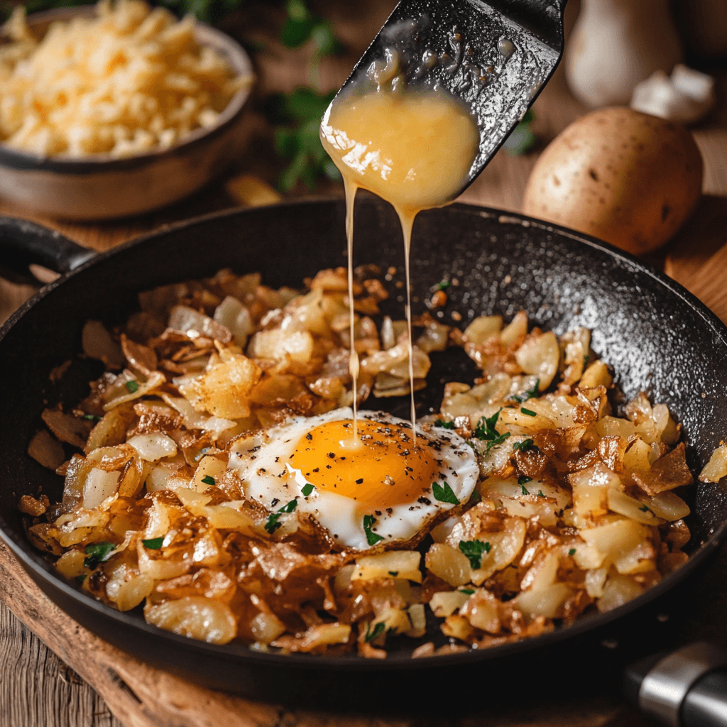 ezzeroual1 Close up of a skillet with sizzling hash browns chop 33b5d278 9c01 4927 b0c4 3a417a554072