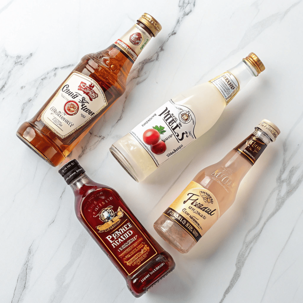 four beverage bottles arranged on a white marble s