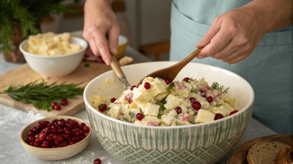 Mixing potatoes, eggs, and dressing for potato salad in a glass bowl.