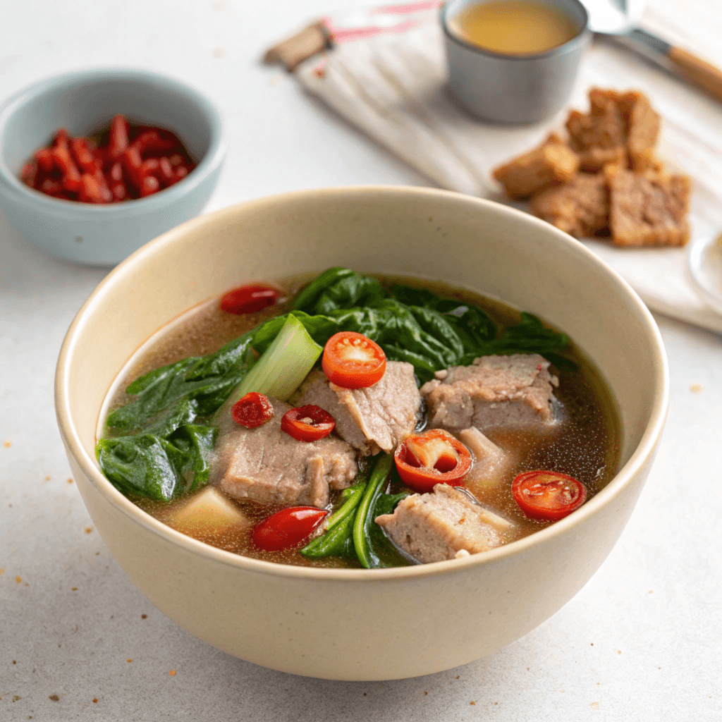 high angle close up view of a bowl of pork soup l