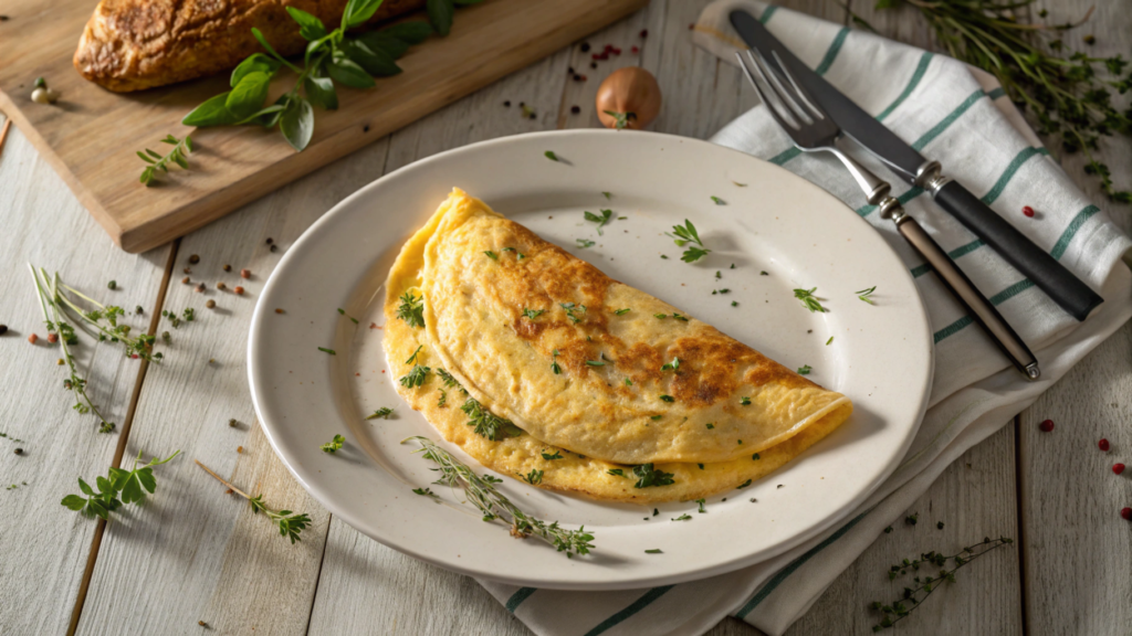 Gordon Ramsay-style cheese omelette on a white plate with herbs.