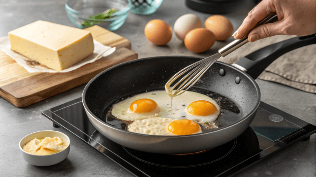 Eggs being cooked in a skillet for Gordon Ramsay’s omelette.