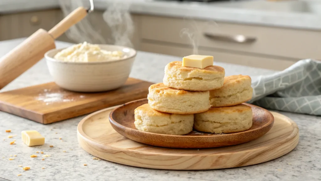 Golden buttermilk biscuits made with self-rising flour, steaming on a wooden plate.