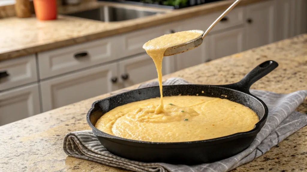 Pouring cornbread batter into a hot cast iron skillet for baking.