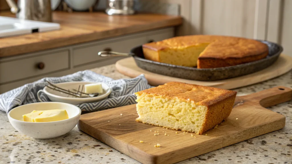 Golden, freshly baked cornbread on a wooden table with butter on the side.