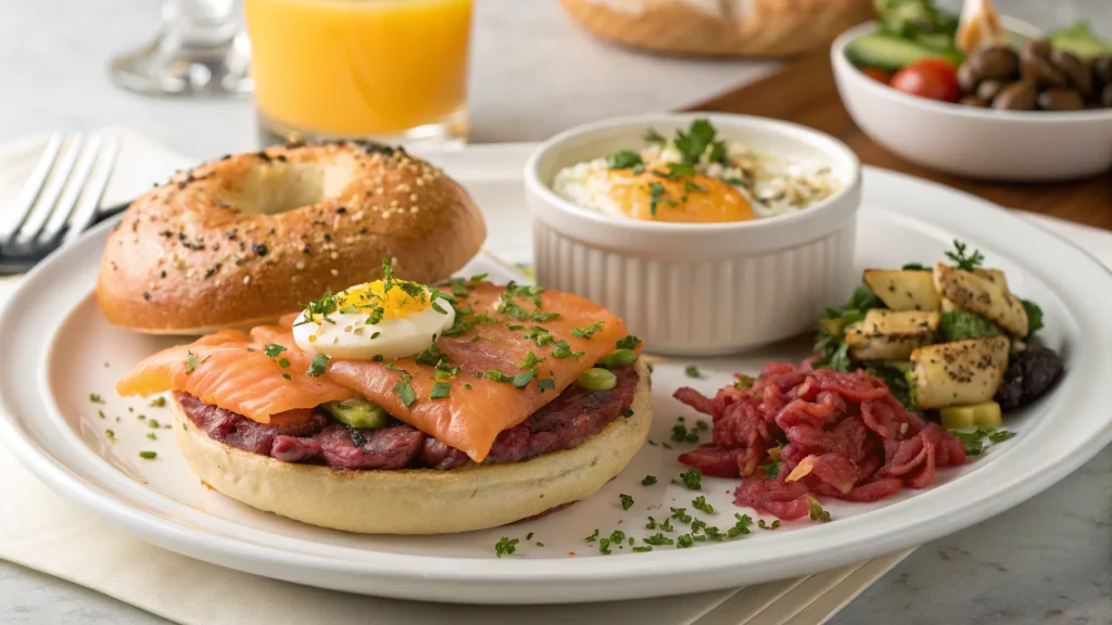 Gourmet breakfast with smoked salmon, steak, and corned beef hash