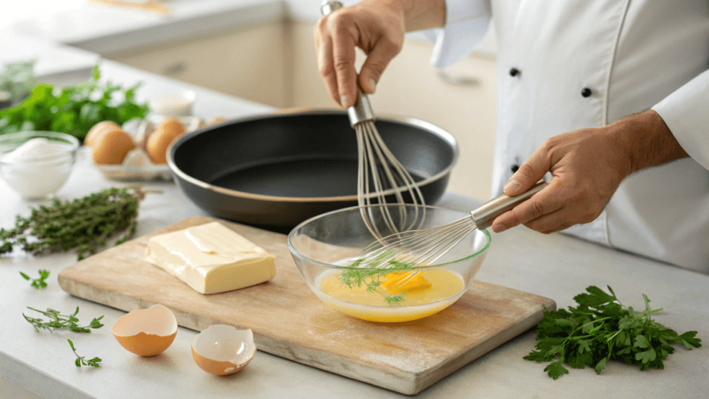Whisking eggs for an omelette preparation with herbs and butter.