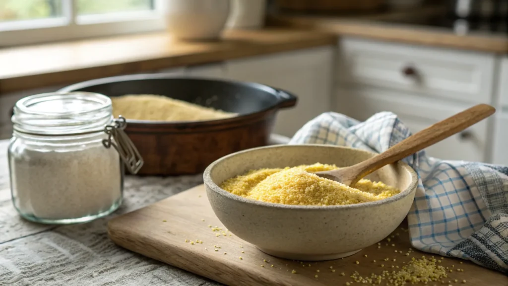 Bowl of cornmeal with baking powder and salt on a rustic kitchen counter.
