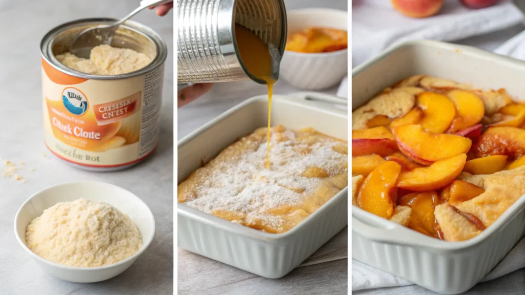 The Ultimate Peach Cobbler Recipe with Cake Mix – A Simple, Delicious Dessert 3 Step-by-step images showing how to assemble peach cobbler with cake mix – peaches, cake mix, and butter layers.