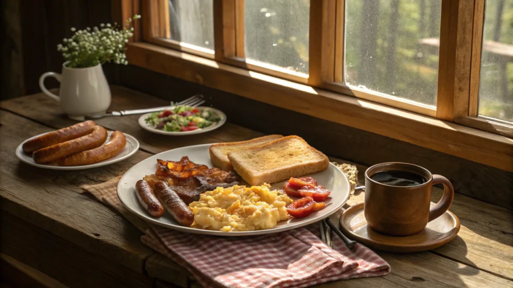 A breakfast spread featuring bacon, sausage, Canadian bacon, and scrapple on a rustic table.