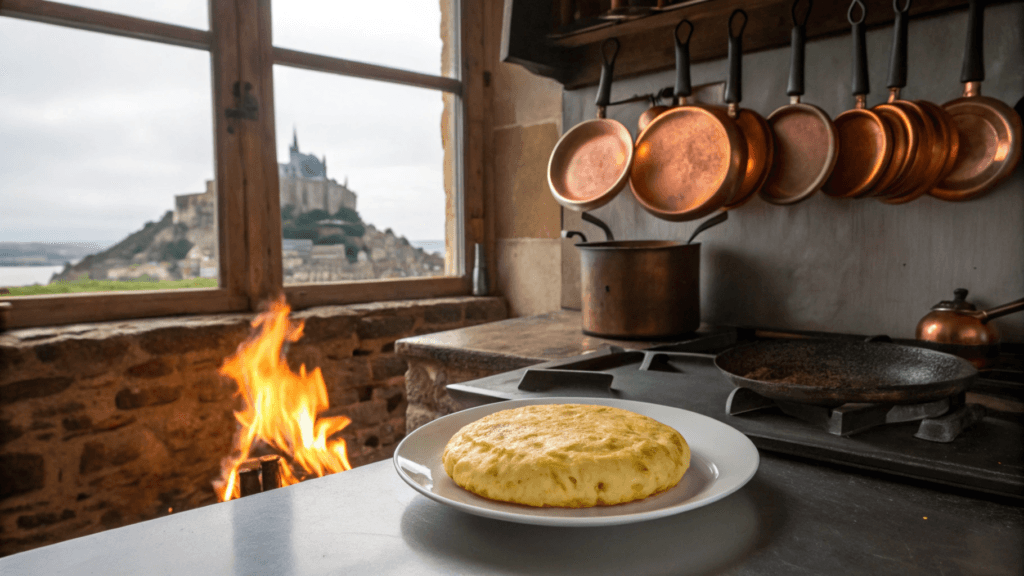 La Mère Poulard Omelette served with Mont-Saint-Michel in the background.