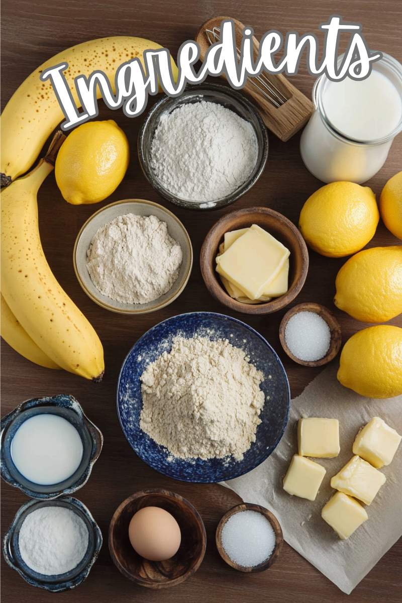 Essential ingredients for Lemon Banana Muffins, including ripe bananas, fresh lemons, flour, eggs, and butter on a rustic wooden surface.