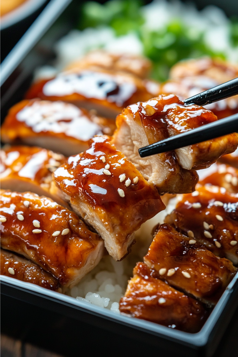 Chopsticks holding a glazed piece of teriyaki chicken