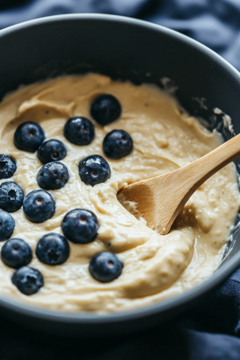 Muffin batter with mashed bananas, Greek yogurt, and blueberries being mixed in a bowl, placed on a dark blue fabric background.